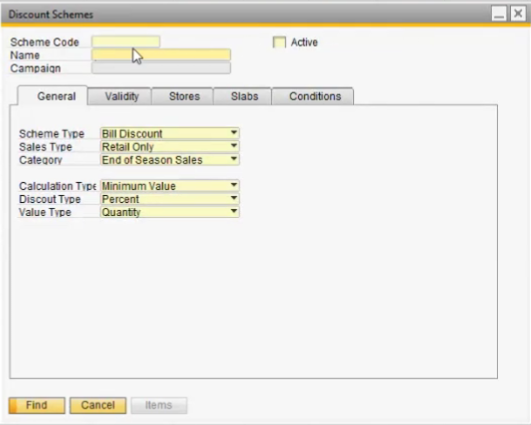 The Discount Scheme window contains various Fields and Parameters required to check for existing schemes.